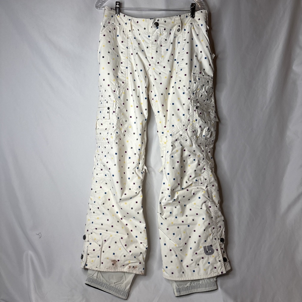 Burton Womens M Lucky Dryride Snow Ski Pants Cream Multicolor Squares Print Read